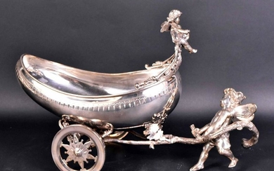 Large Silver Plated Putti Pulling Chariot