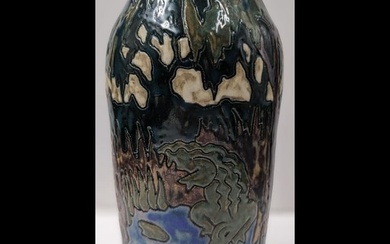 Large Vintage Martin Cushman Florida Faience Art Pottery Vase, Double Signed And Heavily Decorated