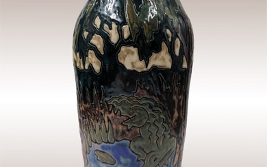 Large Vintage Martin Cushman Florida Faience Art Pottery Vase, Double...