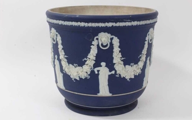Large antique Wedgwood dark blue jasper ware jardinière, circa 1890, decorated with classical figures and swags, marks to base, 23cm height x 26cm diameter