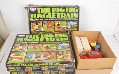 Large collection of Tri-ang Big Big 0 Gauge including Locomotive wagons, Barrel Loads and other items, in three Jungle Train Set boxes