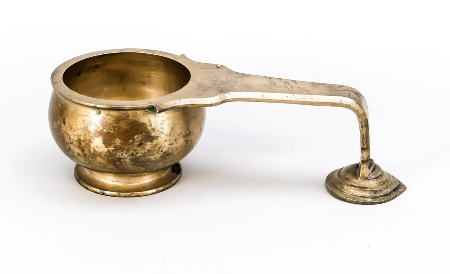 Large ritual ladle, India, 20th century, bronze with remaining gilding. Round, throated foot, bulbous wall. Wide, passively curved handle, which in turn touches the ground. Engraved under the floor or signed, 8 x 26 x 12 cm