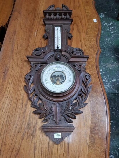 Late 19 Century French Carved Walnut Barometer, with gallery top & pierced branches below