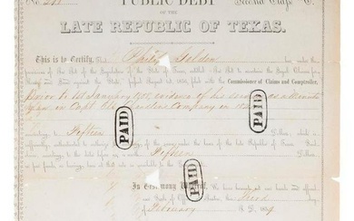 "Late Republic of Texas" Public Debt Certificate Dated 1859