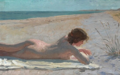 Laurits Tuxen: A young woman sunbathing on Skagen Sønderstrand. Signed and dated L. T. 09. Oil on canvas. 42×98 cm.