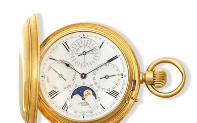Le Roy et Fils, 211 Regent Street, London & 12 & 15 Palais Royal, Paris. An 18K gold keyless wind perpetual calendar minute repeating full hunter pocket watch with moon phase
