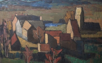 Leygonie, Pierre (1923 - 2007), Représentation d'un village en automne, huile/noir, inscription au dos "Leygonie...