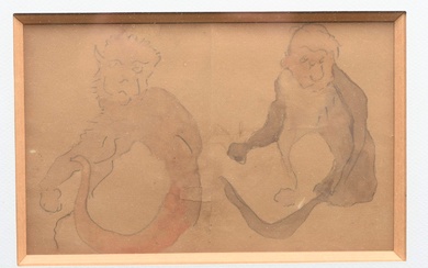Louis VALTAT (1869-1952). « Les singes ». Aquarelle sur papier. Dim. 13x20 cm à vue...