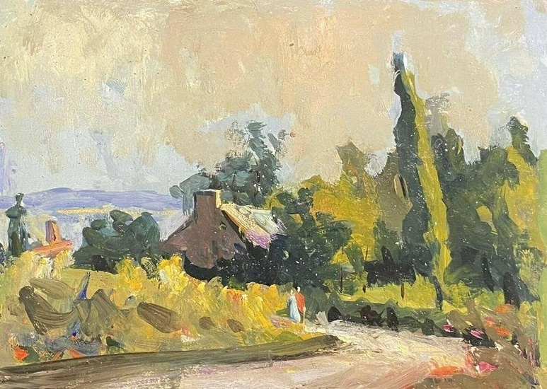 MAURICE MAZEILIE - FRENCH IMPRESSIONIST OIL - SUMMER COUNTRY LANE WITH COTTAGE