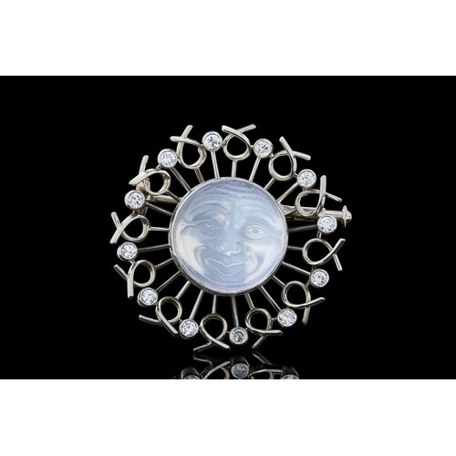 MOONSTONE AND DIAMOND MAN IN THE MOON BROOCH, set to the cen...