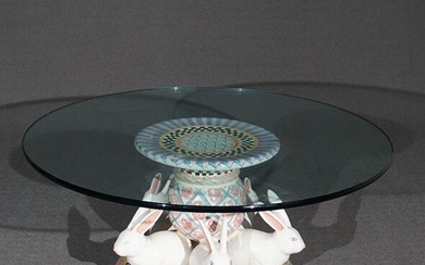 MacKenzie-Childs Glazed Ceramic Round Glass Top 'Rabbit' Table