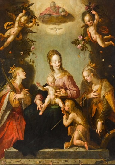 Madonna and Child with the infant Saint John the Baptist, Saint Catherine of Alexandria, another female martyr saint, and God the Father, Pieter Fransz. Isaacsz.