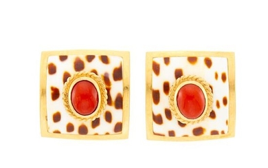 Maz Pair of Gold, Shell and Coral Earrings