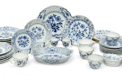 Meissen (German) & Ernst Teichert (Meissen, Germany) Blue Onion Porcelain Teacups, Plates & Egg