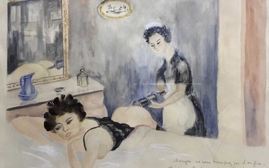 Mid 20th century French School watercolour - a maid and mistress with an enema, indistinctly signed and inscribed, in glazed frame