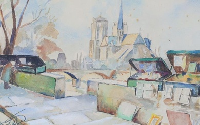 Mid Century Signed Watercolour, Urban Landscape Notre Dame de Paris