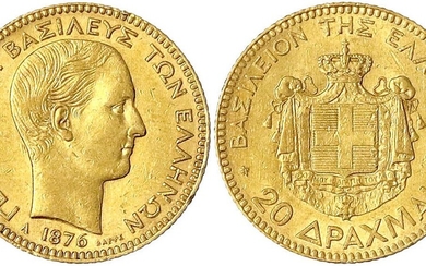 Monnaies et médailles d'or étrangères, Grèce, Georges Ier, 1863-1913, 20 drachmes 1876 A. 6,45 g....
