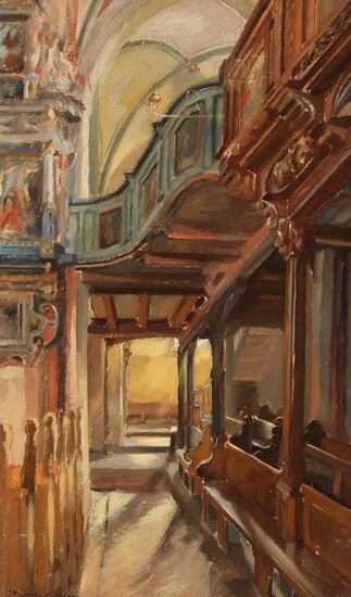 NOT SOLD. Painter unknown, 20th century: Interior from church. Indistinctly signed. Oil on paper, laid on panel. 63 x 38 cm. – Bruun Rasmussen Auctioneers of Fine Art