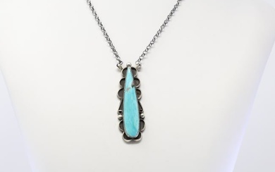 Native American Navajo Sterling Silver Kingman Turquoise Necklace By Juanita Long.