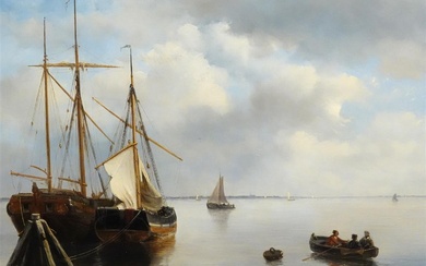 Nicolaas Johannes Roosenboom (1805-1880), Moored ships on the Zuiderzee, oil on...