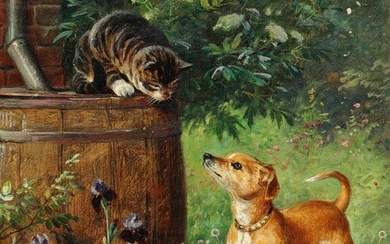 O. A. Hermansen: Dog and cat. Signed with monogram and dated 1894. Oil on canvas. 34.5×26.5 cm.