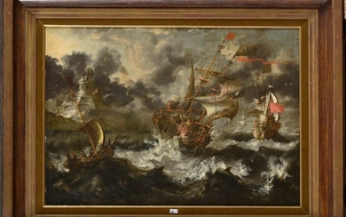 Oil on canvas marouflaged "Galleons in the storm". Anonymous. Dutch school. Period: XVIIth century. Size: 58x82cm.