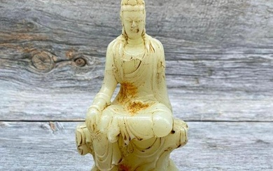 Old Chinese White Jade Carved Feng Shui Guanyin Goddess Seat Sculpture