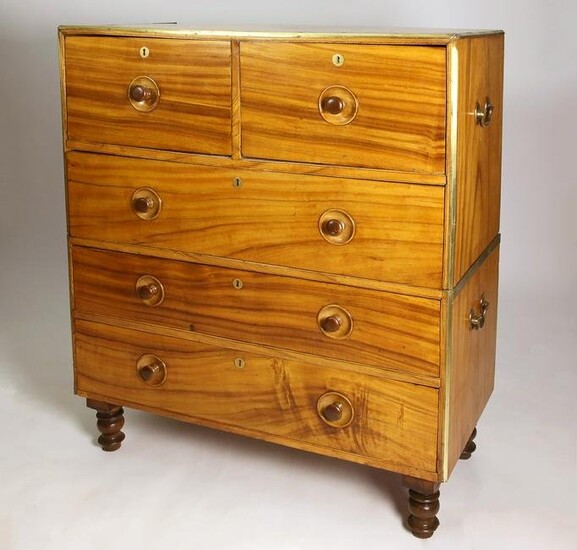 Outstanding Camphorwood Two-Part Brass Bound Campaign Chest, 19th Century