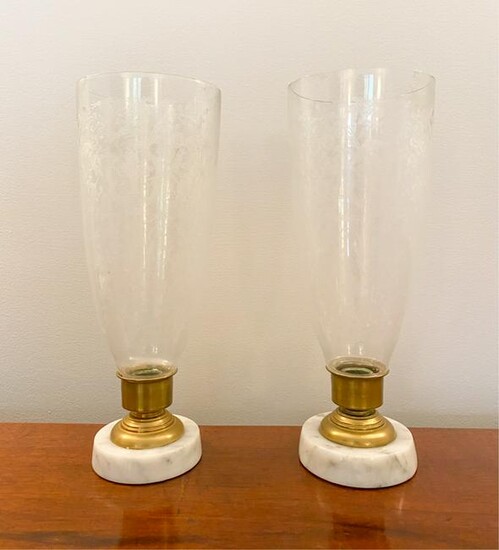 PAIR ANTIQUE ETCHED GLASS HURRICANE CANDLEHOLDERS