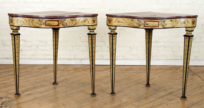 PAIR EARLY 19TH C. VENETIAN CORNER CONSOLE TABLES