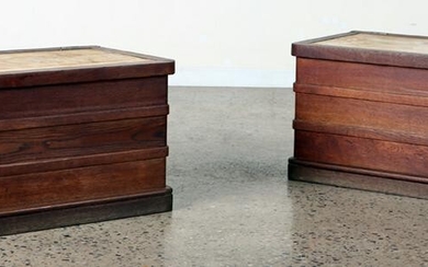 PAIR FRENCH OAK LIFT LID CHESTS CARVED C.1940