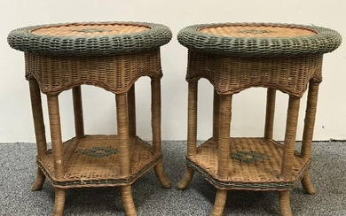 PAIR MODERN TWO TONE WICKER ROUND COFFEE TABLES