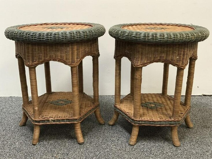 PAIR MODERN TWO TONE WICKER ROUND COFFEE TABLES
