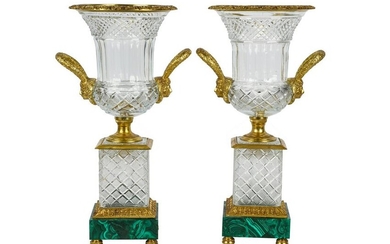 PAIR OF BACCARAT STYLE CUT CRYSTAL URNS