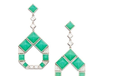 PAIR OF CHRYSOPHRASE AND DIAMOND PENDANT-EARRINGS, TIFFANY & CO.