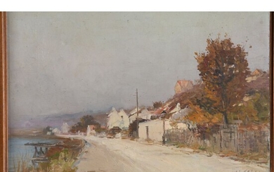 PELLETIER Pierre-Jacques. (1869-1931). « Village en bord de Seine ». Huile sur panneau située. H.40...
