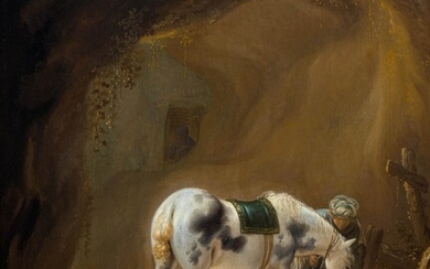 PIETER CORNELISZ. VERBEECK(vers 1610 Haarlem vers 1654)Cavalier oriental dans une grotte avec un cheval blanc....