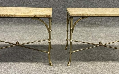 PR OF MARBLE TOP BRASS FAUX BAMBOO END TABLES W/ CROSS