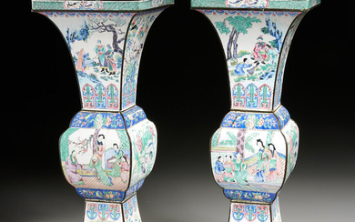 Pair Chinese Canton enamel Gu vases