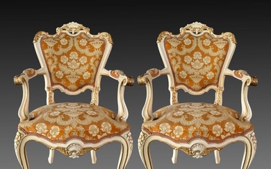Pair French Antique Louis XV Gold Gilt Accent Arm Chairs White Tapestry Rococo