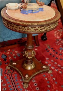 Pair French round lamp tables with bronze ormolu trim