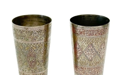 Pair Indo-Persian Enameled Silver Alloy Metal Beakers 1st half 20th century
