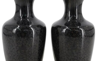 Pair Of Antique Chinese Black Cloisonne Vases