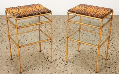Pair faux painted iron, glass and wood end tables by Bill Russel. Ht: 26.25" Wd: 16.25" Dpth: 13"