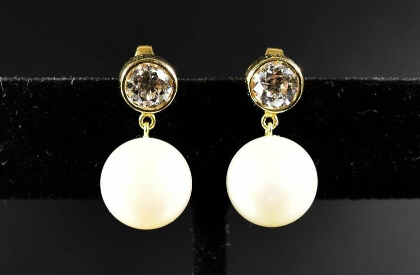 Pair of 14K Gold, 1.2 CTW Diamond and Pearl Earrings