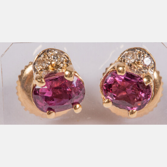 Pair of 14kt Yellow Gold Ruby and Diamond Earrings