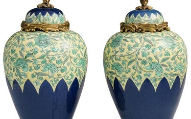 Pair of Bronze Mounted Enameled Vases