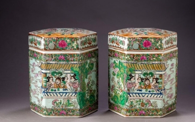 Pair of Chinese Bird and Butterfly Canisters.