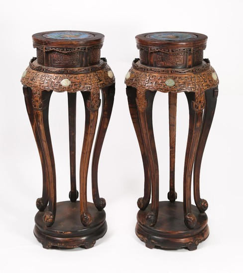 Pair of Chinese Cloisonne and Celadon Jade-Inlaid Carved Wood Stands, Modern ATR2