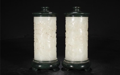 Pair of Chinese Hetian Jade Nephrite Incense tubulars